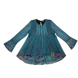 Desigual Teal Blouse with Floral Embroidery